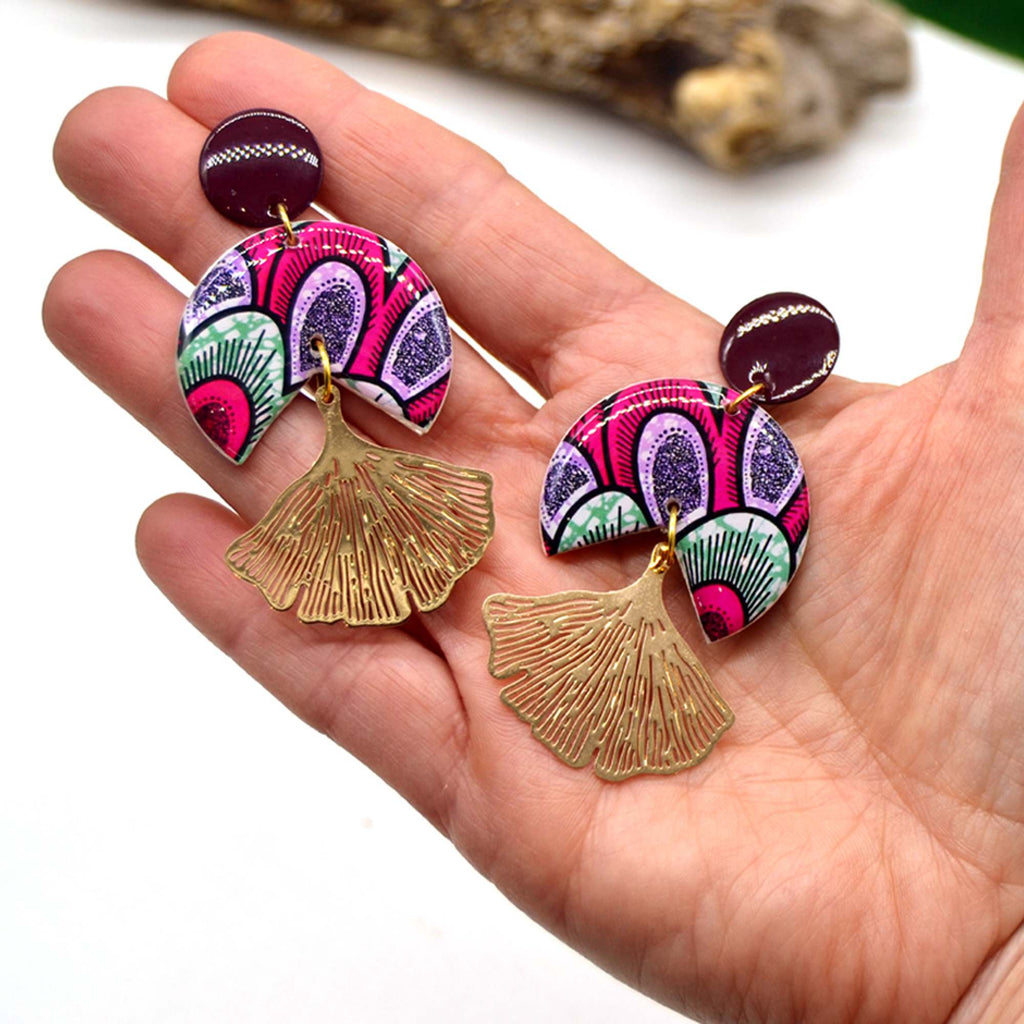 Boucles d'oreilles wax rose forme ginkgo