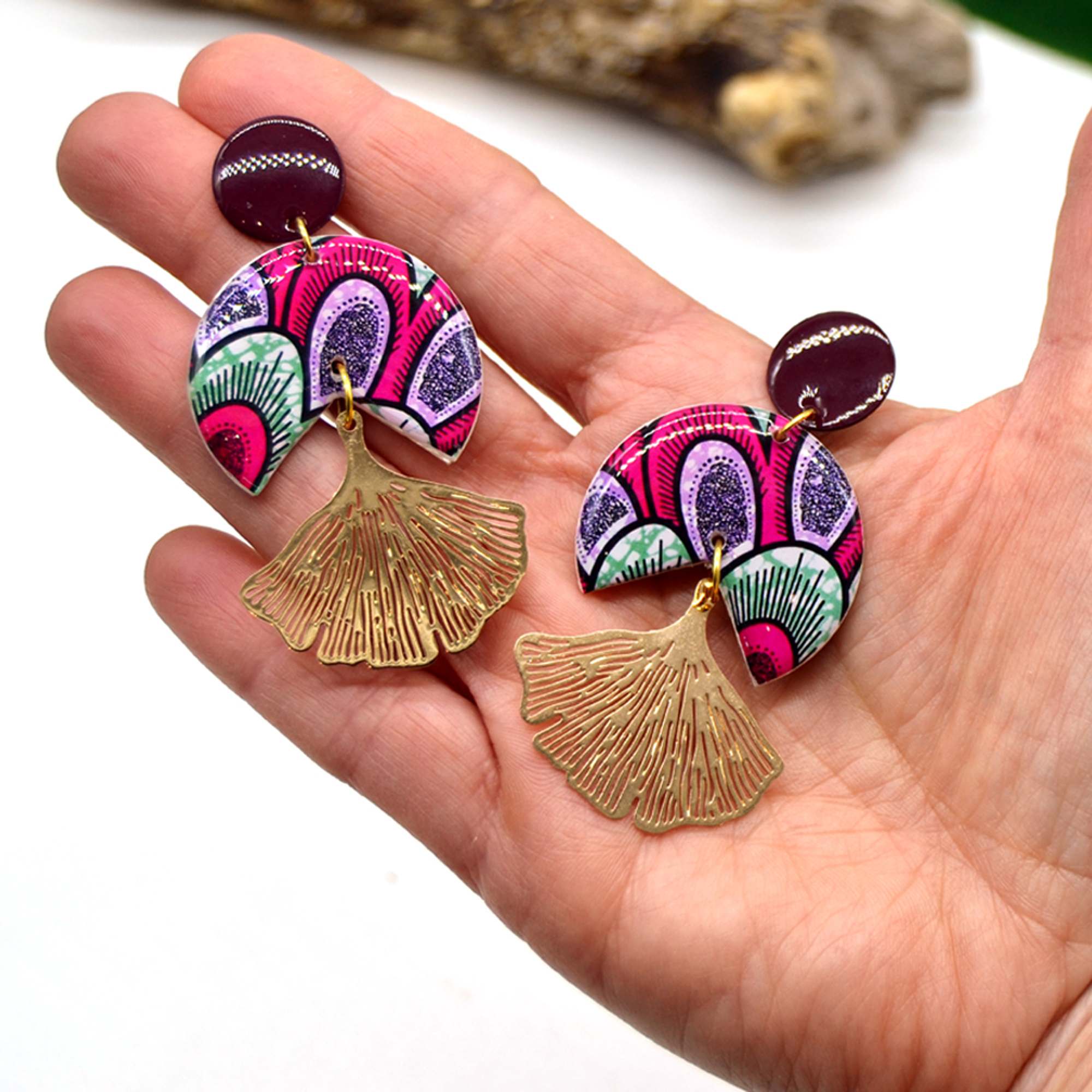 Boucles d'oreilles wax rose forme ginkgo