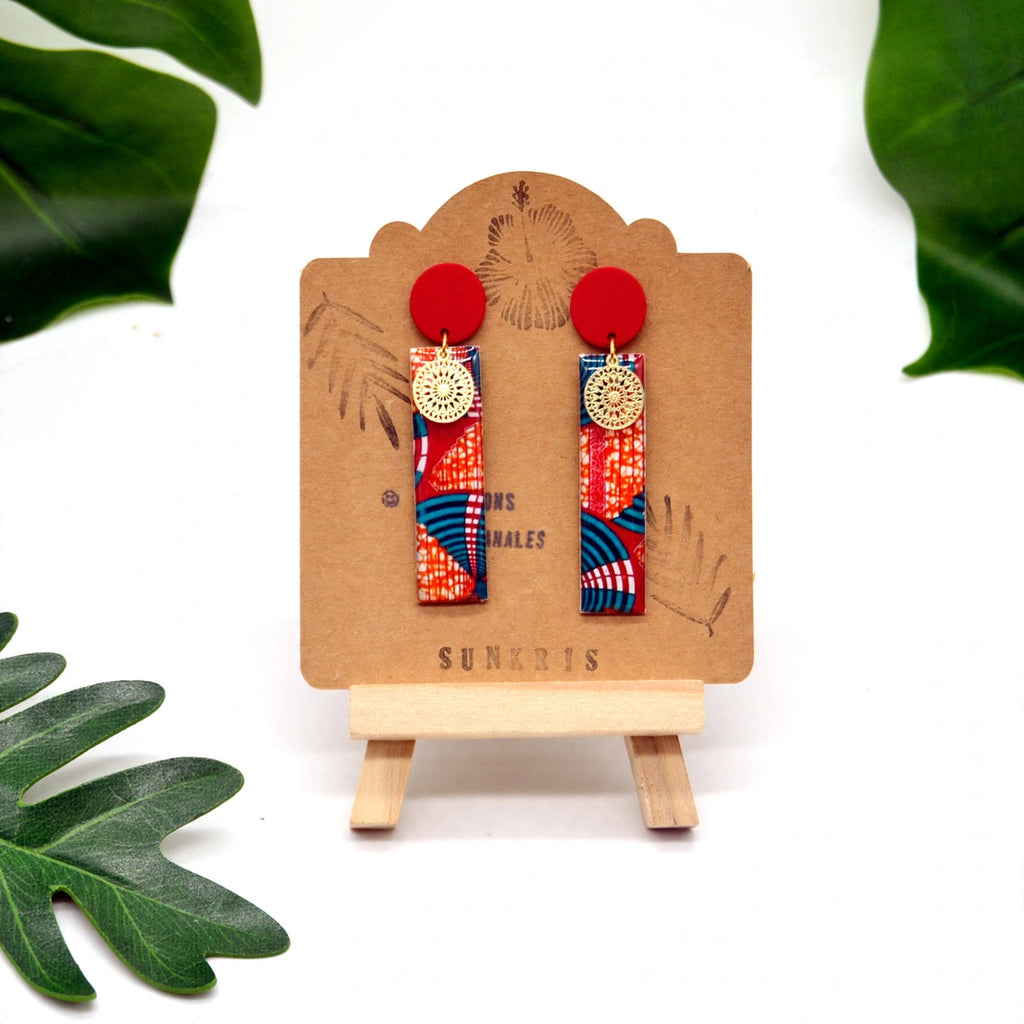 Boucles d'oreilles wax rouge rectangulaires