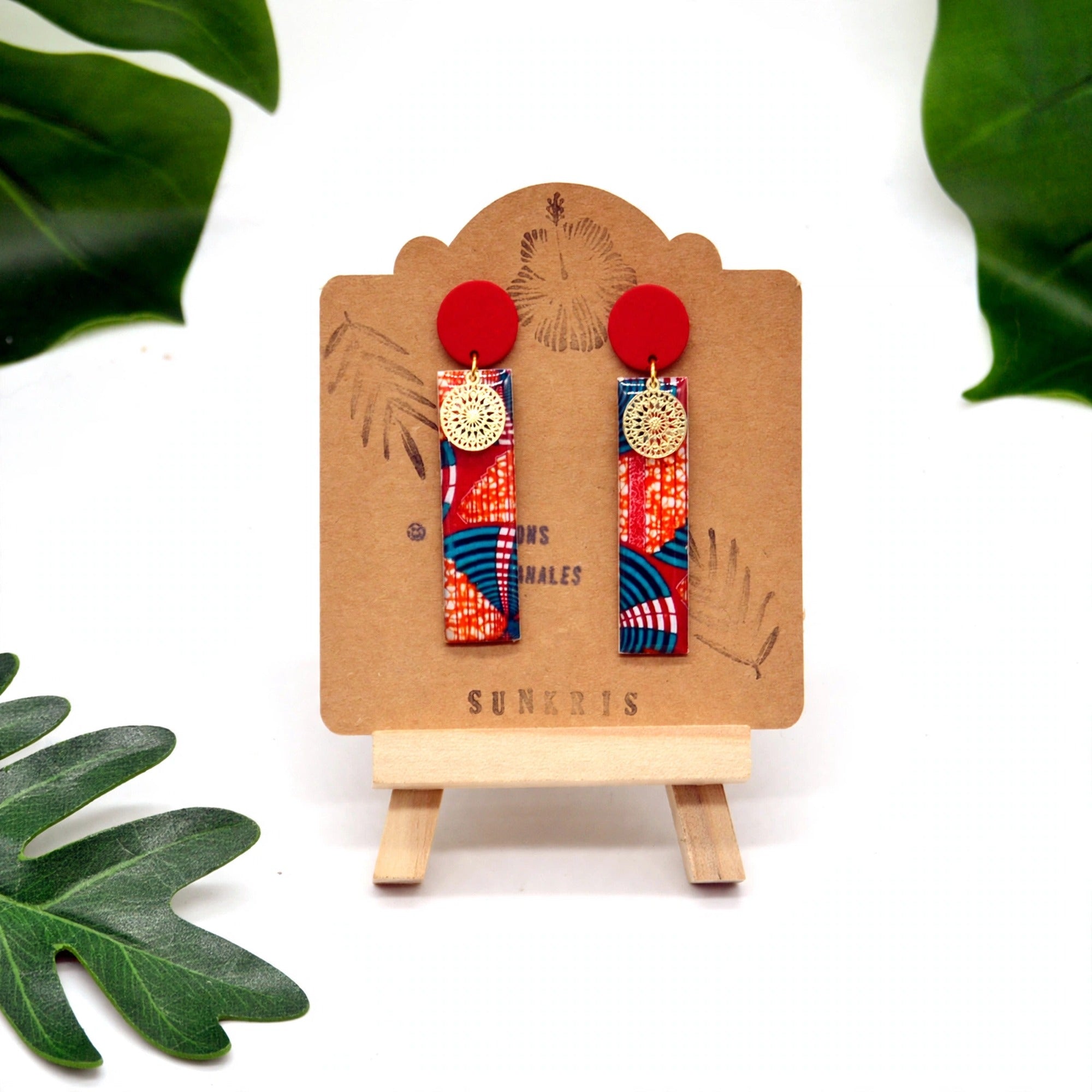 Boucles d'oreilles wax rouge rectangulaires