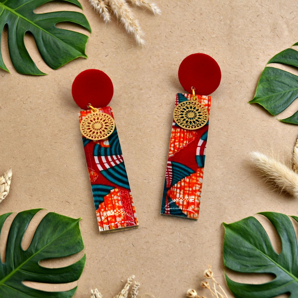 Boucles d'oreilles wax rouge rectangulaires
