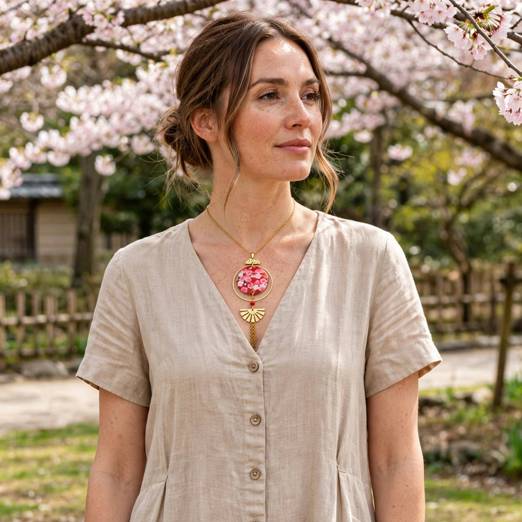 Collier sakura bois et résine