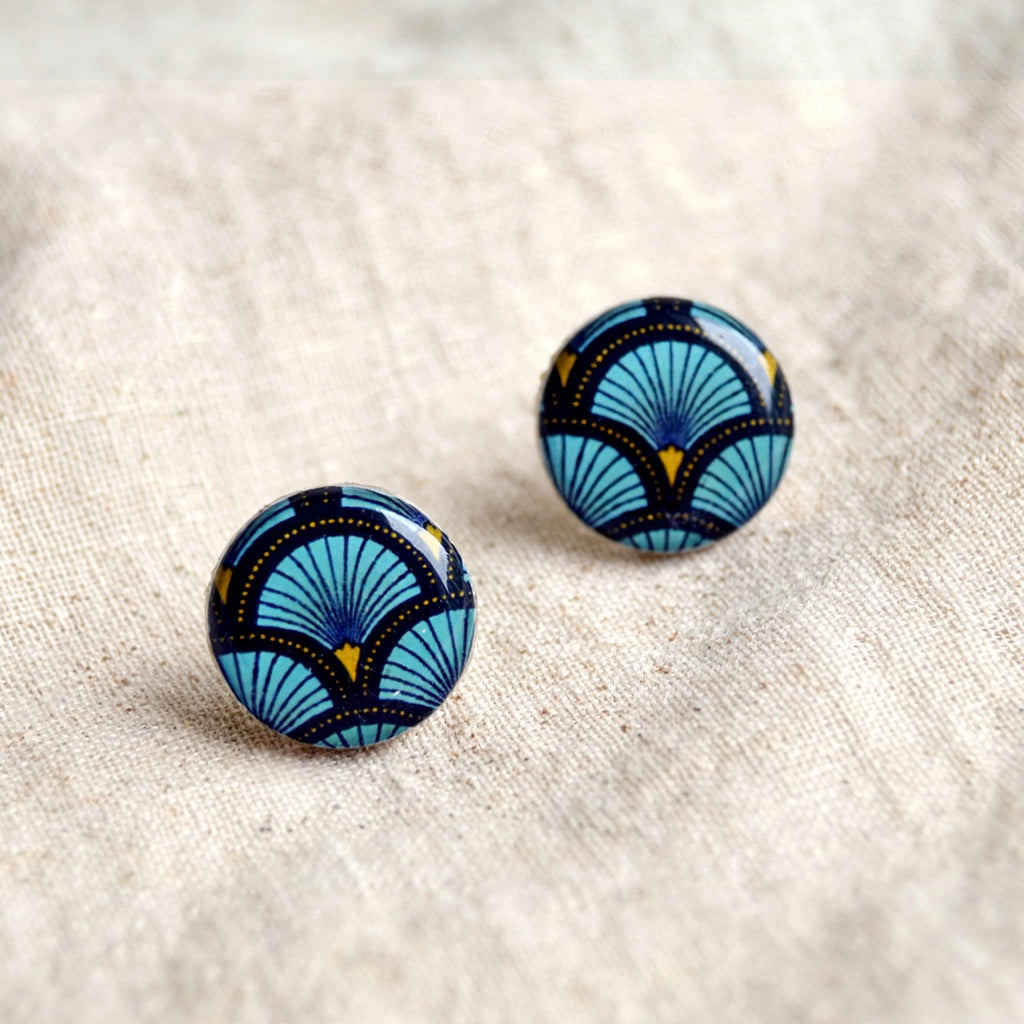 Puces d'oreilles éventail bleu japonisant