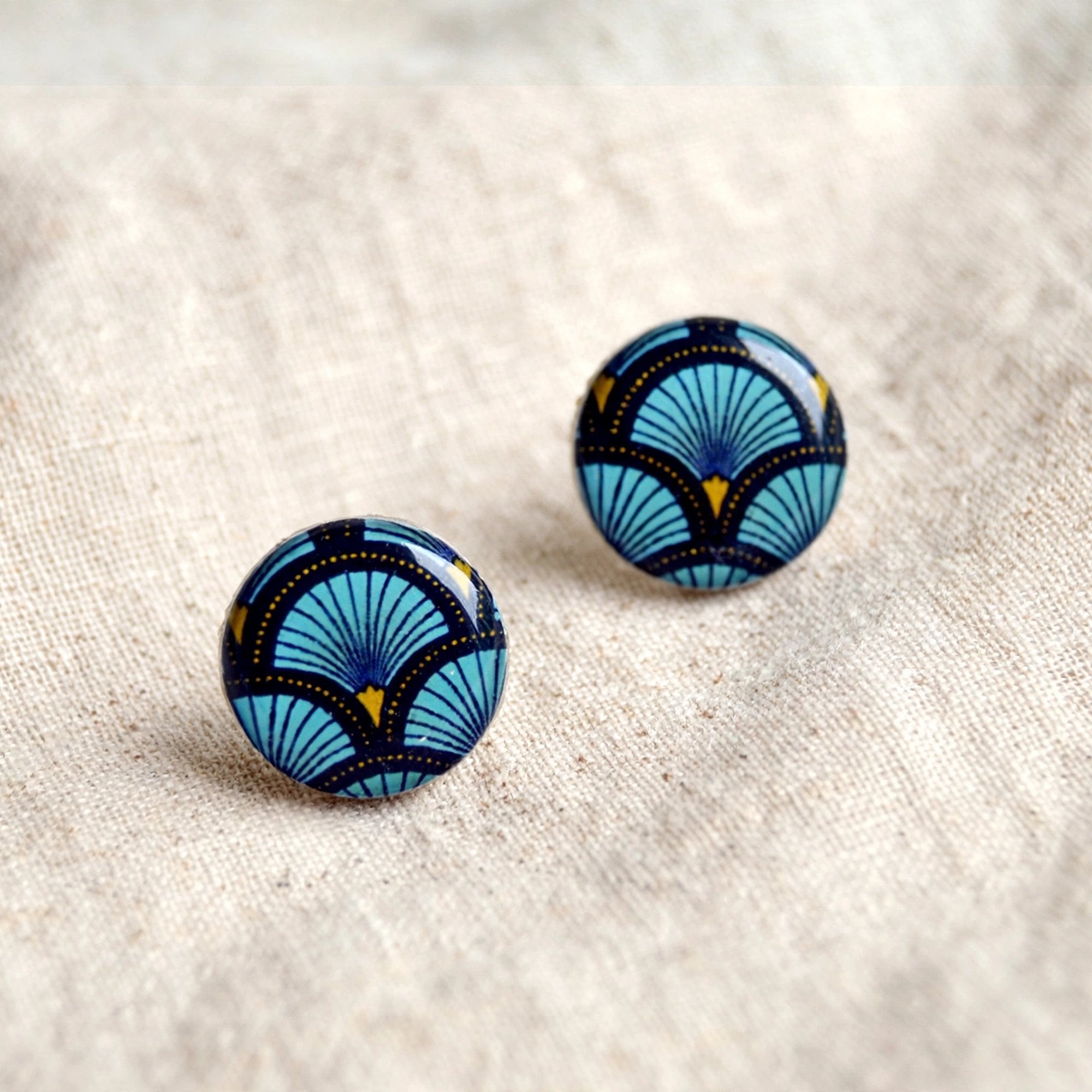 Puces d'oreilles éventail bleu japonisant