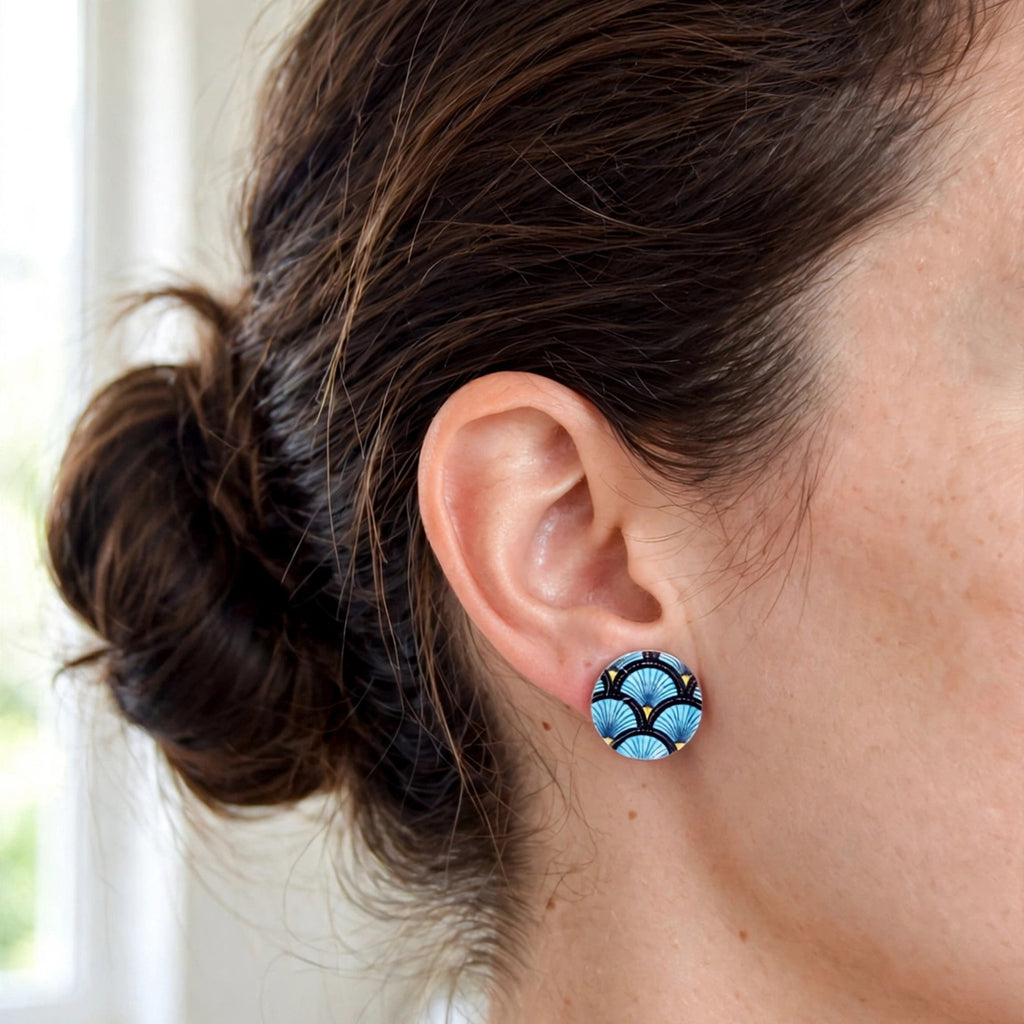 Puces d'oreilles éventail bleu japonisant
